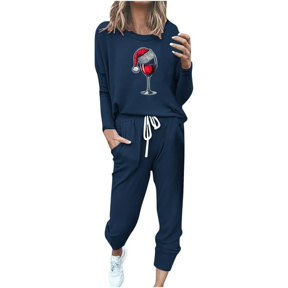 ChaoHeng Women Long Sleeve Round Neck Drawstring Casual Sets 2 Piece Outfits for 2024 Christmas Trendy(Navy,XL)