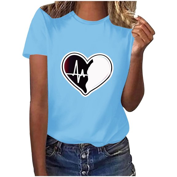 ChaoHeng Women Plus Shirts under $10 Plus Size Summer Tops with Sleeves Valentine's Day Fashion Crewneck Printing Short Sleeve T-Shirt Casual Loose Shirt Tops for Women