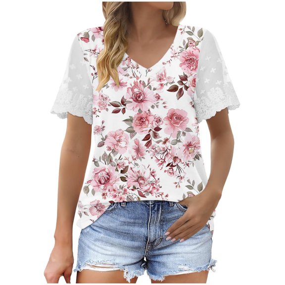 ChaoHeng Women Plus Shirts under $10 Trendy Tops for Women Fashion Woman Casual V-Neck Vintage Solid Mesh Blouse Short Sleeve T-Shirt Summer Tops