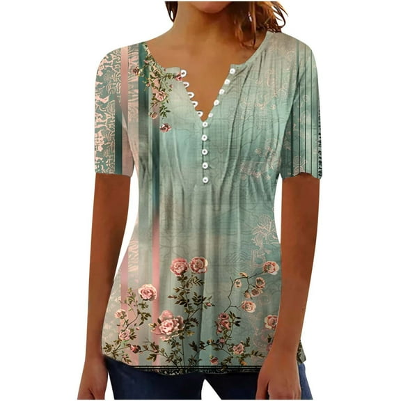 ChaoHeng Plus Size Women Tops Short Sleeve on Women's V-Neck Short Sleeve Pleated Casual Print Top