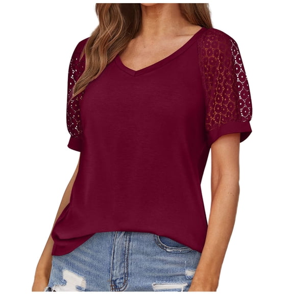 ChaoHeng Women Plus Size Shirts Trendy Blouses for Women Dressy Casual Women's Summer Tunic V- Neck Solid T- Casual Short Sleeve Blouse Pleated Tops with Ruffle Hem