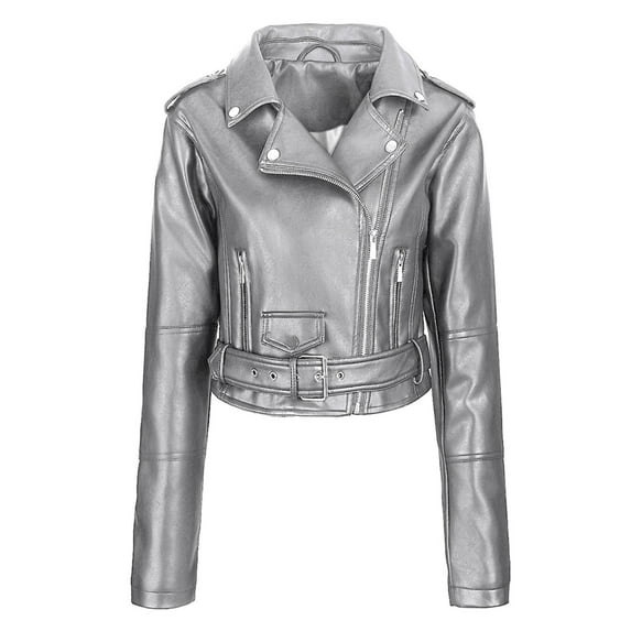 ChaoHeng Women Plus Size Solid Color Button Up Shoulder To Sleeve Long Windbreaker,Womens Solid Color Lapel Long Sleeve Hooded Leather Jacket Hooded Leather Coat(Silver,M)