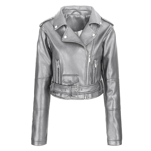 ChaoHeng Women Plus Size Solid Color Button Up Shoulder To Sleeve Long Windbreaker,Womens Solid Color Lapel Long Sleeve Hooded Leather Jacket Hooded Leather Coat(Silver,S)