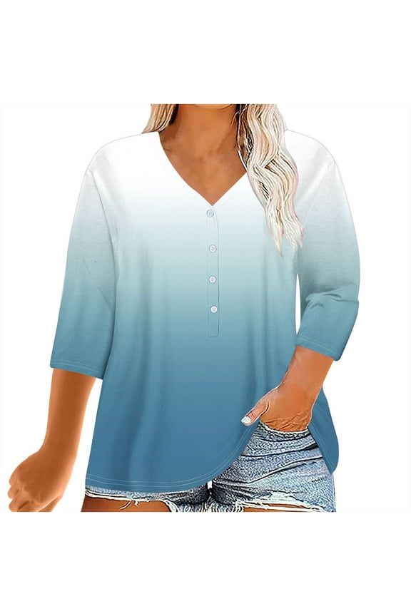 Women Plus Size Summer Tops Women's Plus-size Printed V-neck 3/4 Sleeve Casual Loose Fixed Button Top T-shirt, of the Day