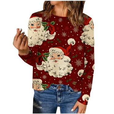 ChaoHeng Women Print Round-Neck Pullover Sweaters for 2024 Christmas 50% Off Clear(Red,S)