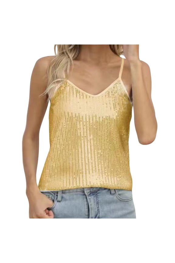 Women Sleeveless Tops or Blouses Crewneck Sleeveless Dress Ladies' Fashion Solid Color Shiny V-neck Strap Top