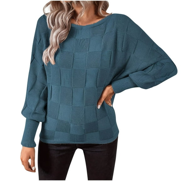 ChaoHeng Women Solid Color Round Neck Casual Loose Long Sleeved Pullover Knitted Sweater Clearance $10(Blue,M)