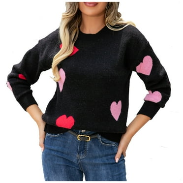 ChaoHeng Women Sweaters Clearance Under $10.00 Crew,Women's Comfortable Love Print Long Sleeve Round Neck Sweater Top(Black,S)