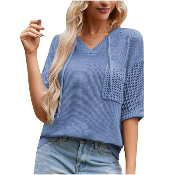 ChaoHeng Women Sweaters Print V-Neck Tops Blouses Loose Fit for 2024 Fall Fashion(Blue,M)