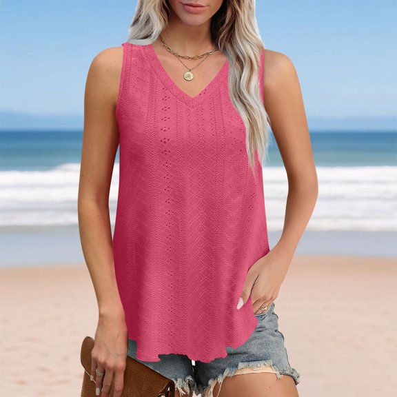 ChaoHeng Women Tops on Sale under $10 Sleeveless V-Neck Tank Top Stretchy Curved Hem Summer Cami for Women Plus Size,Hot Pink L