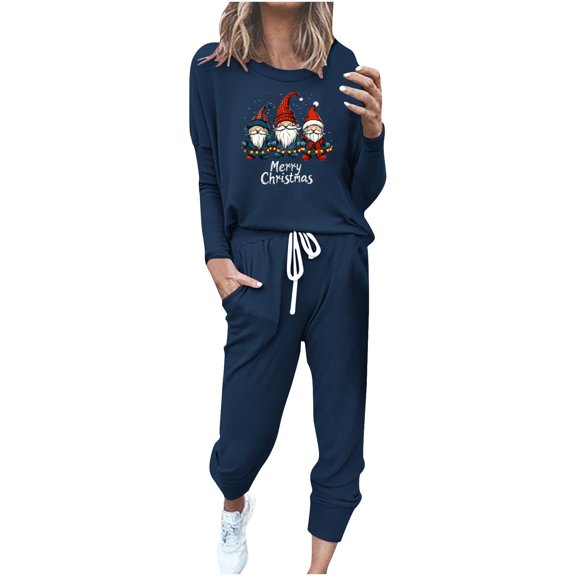 ChaoHeng Women's 2 Piece Lounge Sets Outfits Long Sleeve Pullover Oversized for 2024 Christmas Fashion Casual(Navy,S)