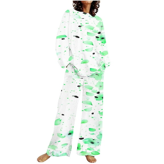 ChaoHeng Women's 2 Piece Lounge Sets Outfits Long Sleeve Pullover,Women's Casual Printed Long Sleeved Round Neck Top With Pants Set,Green,L