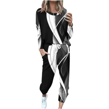 ChaoHeng Women's 2 Piece Outfits Fashionable Loose Wave Long Sleeved Casual Suit,Women's Loose Printed Long Sleeved Round Neck Drawstring Casual Set,Black,S