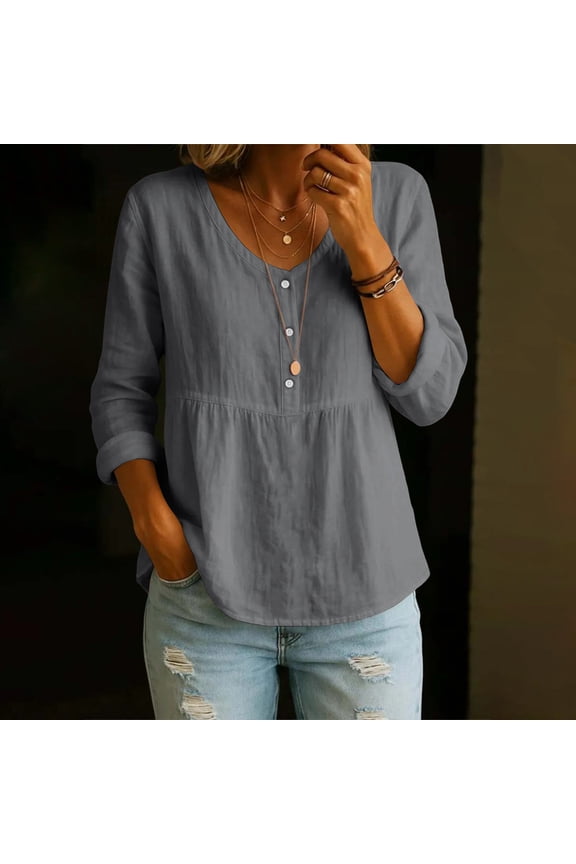 Women's Cotton Single Snap V Neck Pullover Shirts Lightweight Soft Summer Vacation Casual Top Gray XXL