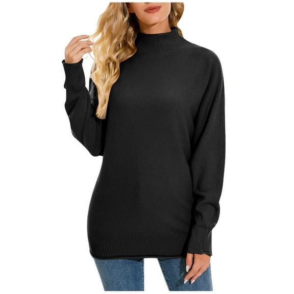 ChaoHeng Women's Crew-neckone Sweaters Loose Fit Oversized,Women's Fashionable Round Neck Long Sleeve Half Turtle Neck Loose Knitwear Top(Black,Free Size)