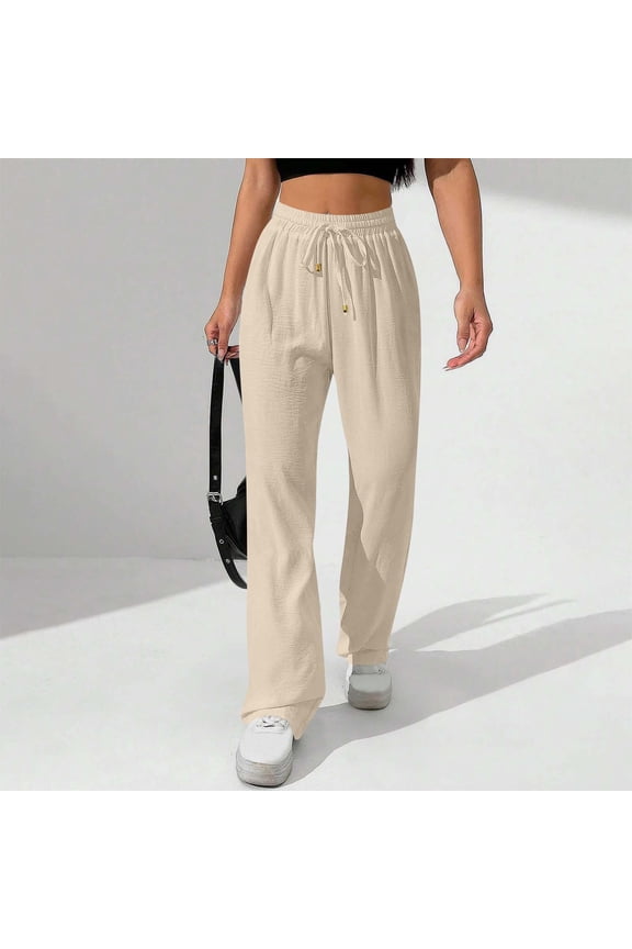 Women's Crinkle Ice Silk Casual Pants Drawstring Waist Sporty Pocket Jogger Trousers,Beige S