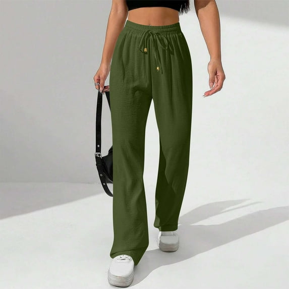 ChaoHeng Women's Crinkle Ice Silk Casual Pants Drawstring Waist Sporty Pocket Jogger Trousers, Green M