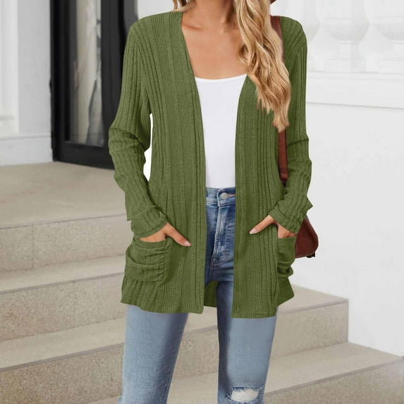 ChaoHeng Women's Fashion Brushed Stripe Long Sleeve Cardigan Coat,Ladies Jackets Lightweight Petite New Trendy(Green,S)