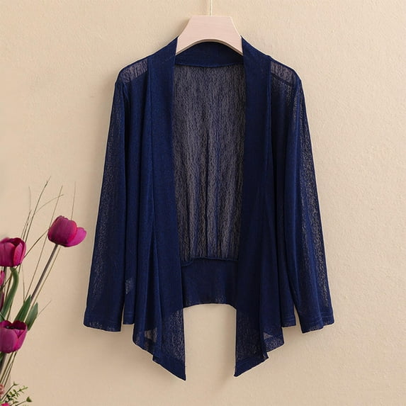 Spring Fashion!ChaoHeng Women's Fashion Casual Loose Blouses Solid Color Top Long Sleeved Mesh Cardigan,Hoodies for Women Plus Size Trendy(Navy,XXL)