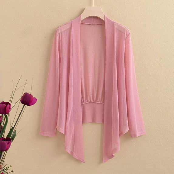 ChaoHeng Women's Fashion Casual Loose Blouses Solid Color Top Long Sleeved Mesh Cardigan,Hoodies for Women Plus Size Trendy(Pink,XXL)