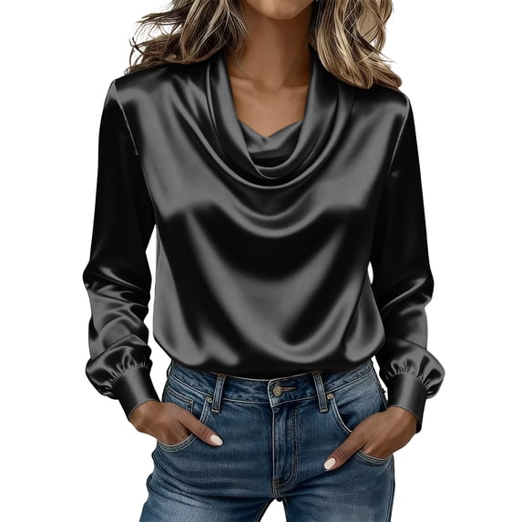 ChaoHeng Women's Loose Fit Cotton Long Sleeve Shirts Cowl Drape Neck Relaxed Casual Transitional Top Black S