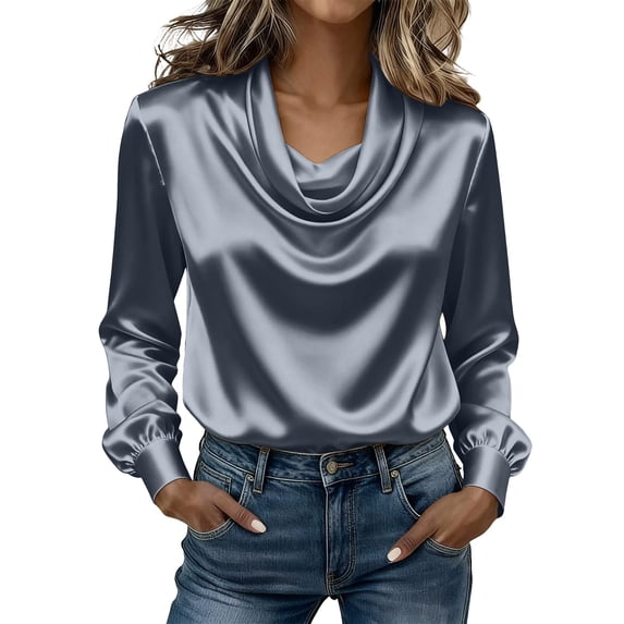 ChaoHeng Women's Loose Fit Cotton Long Sleeve Shirts Cowl Drape Neck Relaxed Casual Transitional Top Gray XXXL
