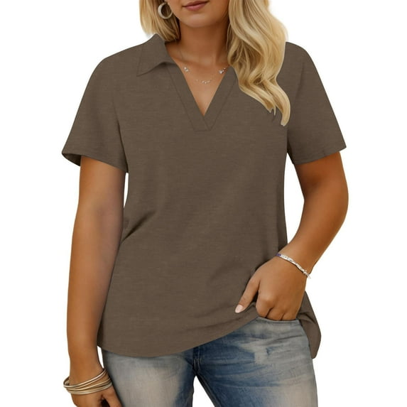 ChaoHeng Women's Loose Plus Size Solid Color Notched Collar Short-Sleeve Top Ladies Blouses and Shirts,Brown XXXXL