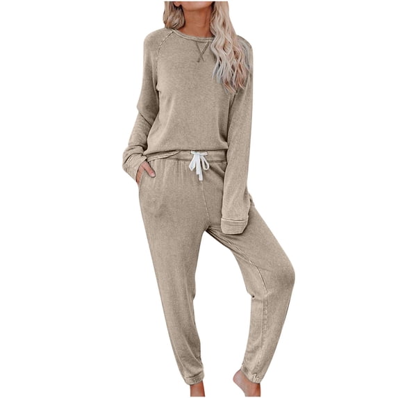 ChaoHeng Women's Lounge Sets Outfits Long Sleeve Pullover New Trendy,Women's Print Round Neck Long Sleeve 2 piece Comfortable Home Pajamas Pocket Set,Khaki,S