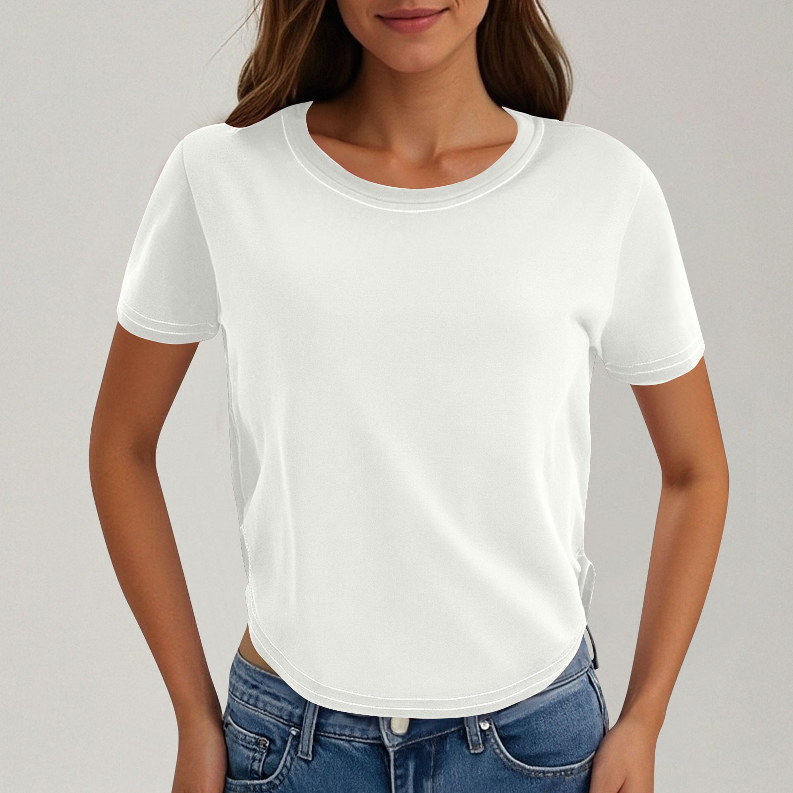 ChaoHeng Women's New Round Neck Short-Sleeve Irregular Hem Solid Color ...