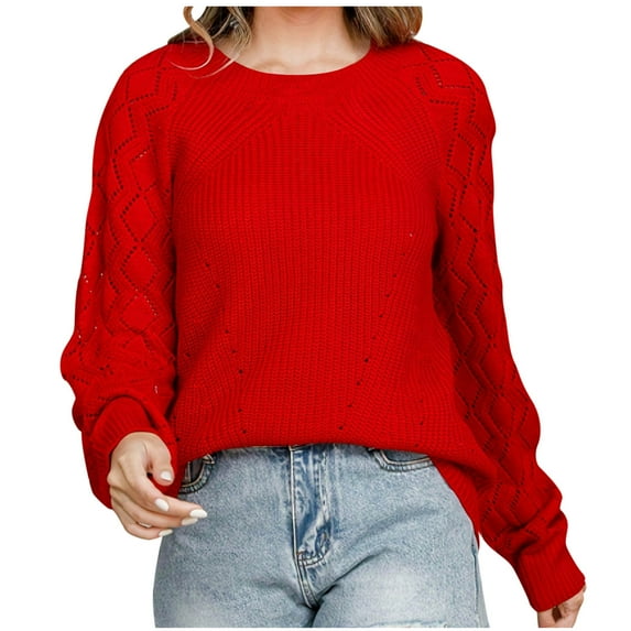 ChaoHeng Women's Plus Size Sweaters Fall/Winter Trendy,Womens Sweaters Cute Elegant Soft Crewneck Long Sleeve Solid Color Hollow Cable Knit Pullover Sweater(Red,S)