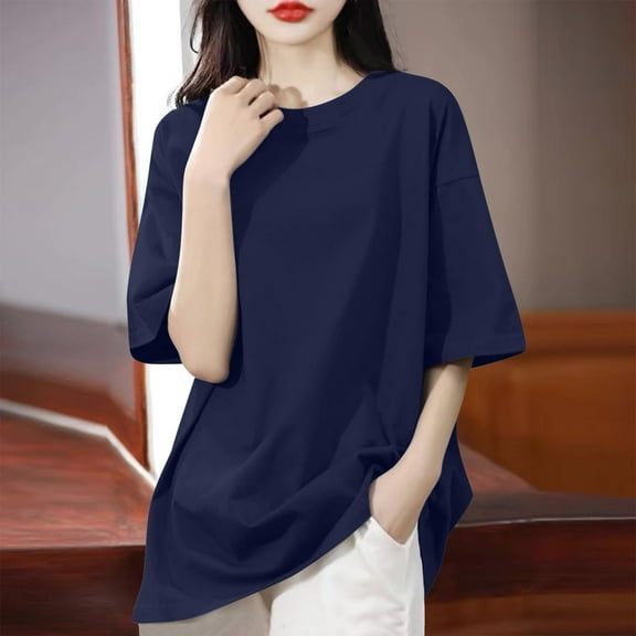 ChaoHeng Women's Solid Color Drop Shoulder Short-Sleeve Loose Fashion Top Plus Size Blouses for Curvy Ladies,Navy S