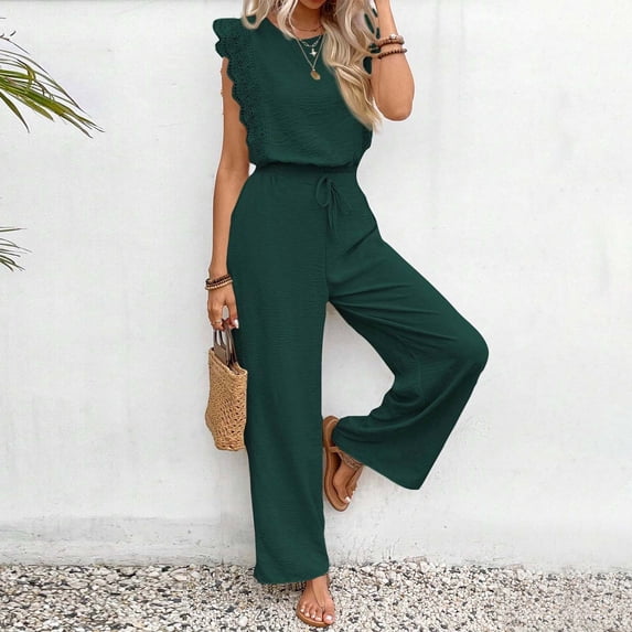 ChaoHeng Women's Solid Utility Jumpsuit Flutter Sleeve Square Neck Drawstring Casual Overalls,Green M