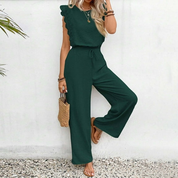 ChaoHeng Women's Solid Utility Jumpsuit Flutter Sleeve Square Neck Drawstring Casual Overalls,Green S