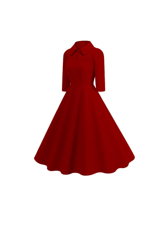 Women's Spring Long Sleeve Dress Women's Vintage 3/4 Sleeve Dress Retro Style Mid-Length A-Line Dress,S