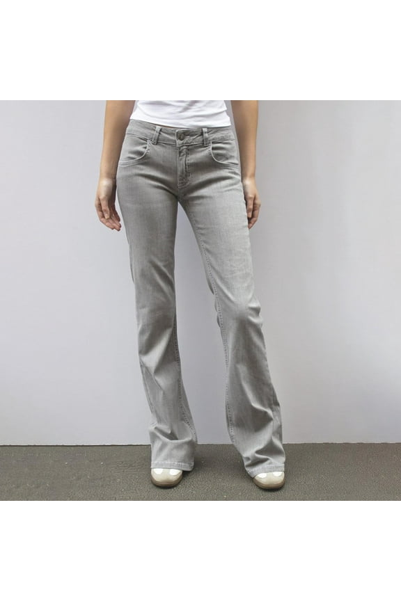 Women's Stretch Flared Jeans Button Fly Zip Pocket High-Waist Denim Trousers,Gray M