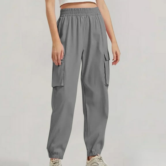 ChaoHeng Women's Utility Cargo Joggers High-Waist Drawstring Ankle Military Work Pants,Gray S