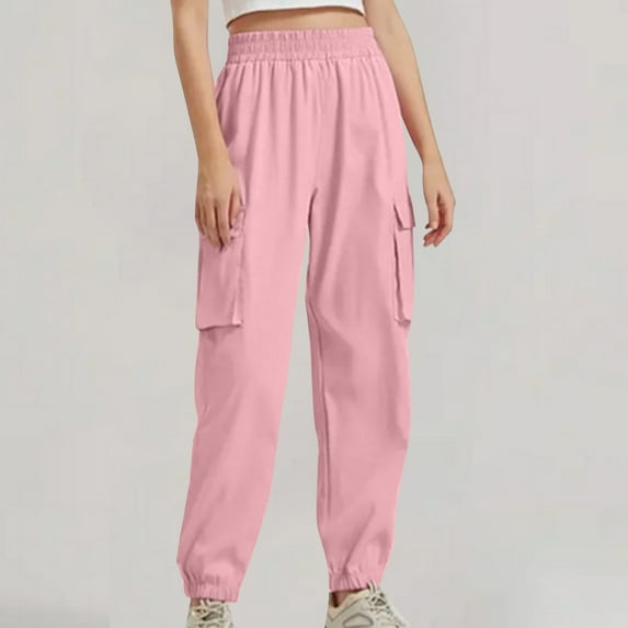ChaoHeng Women's Utility Cargo Joggers High-Waist Drawstring Ankle Military Work Pants,Pink L