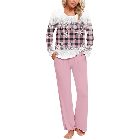 ChaoHeng Womens 2 Piece Outfit Print Casual Tops Pants Pajama Set 2025 Christmas Fashion Trendy(Pink,L)