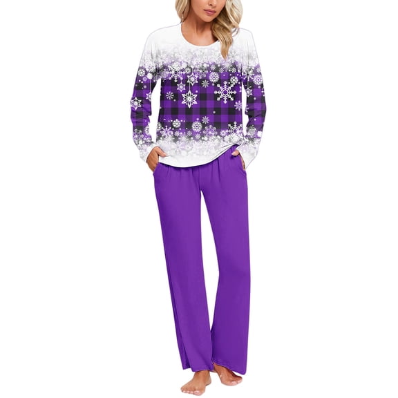 ChaoHeng Womens 2 Piece Outfit Print Casual Tops Pants Pajama Set 2025 Christmas Fashion Trendy(Purple,S)