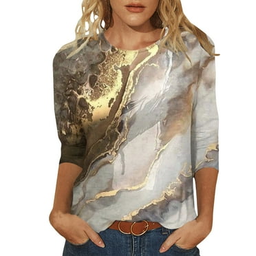 ChaoHeng Womens 3/4 Sleeves Blouse Round Neck Casual Tops Shirts Casual Tees Up to 65% Off(Gold,S)