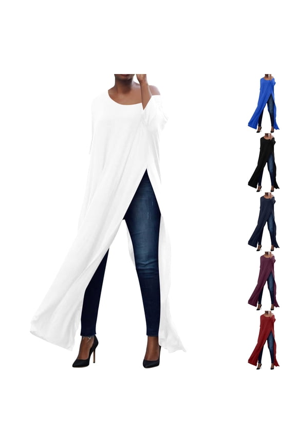 Womens Casual Tops Cotton 3/4 Length Sleeve Womens Tops Cotton Off Shoulder 3/4 Sleeve Slit Hem Loose Long Tunic Top Blue S