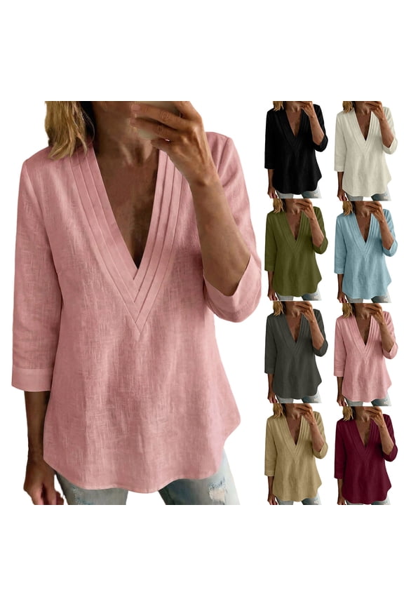 Womens Casual Tops Short Sleeve 3/4 Length Sleeve Womens Tops Summer Pleated Collar Cotton Linen 3/4 Sleeve Casual Top Green S