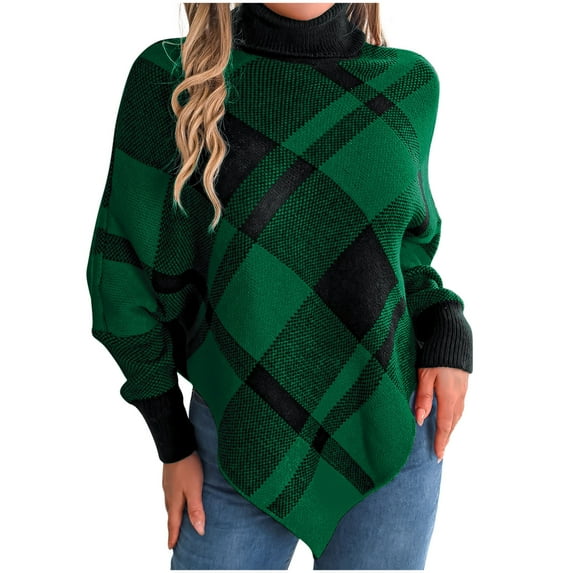 ChaoHeng Womens Christmas Color Blocking Checkered High Neck Long Sleeved Hooded Sweater Tops Clearance New Trendy(Green,M)