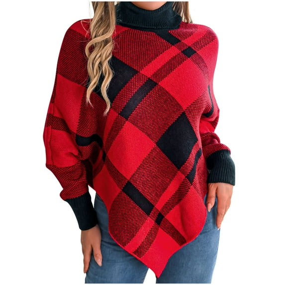 New&Trending!ChaoHeng Womens Christmas Color Blocking Checkered High Neck Long Sleeved Hooded Sweater Tops Clearance New Trendy(Red,S)