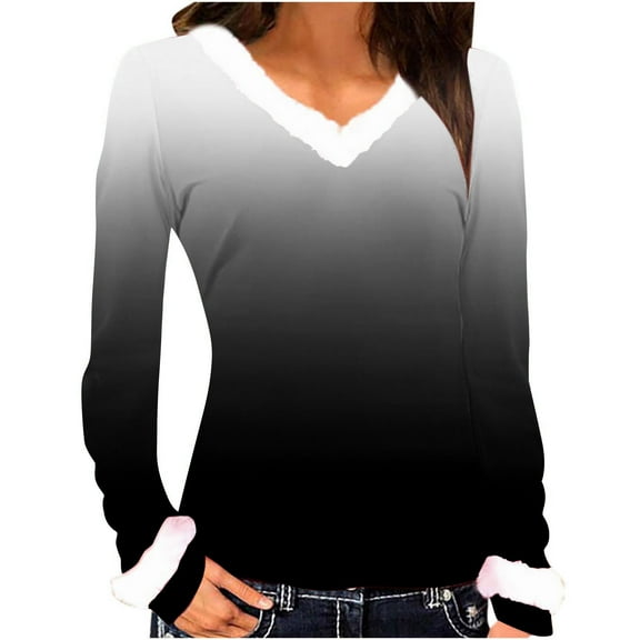 ChaoHeng Womens Christmas Long Sleeve Plus V-Neck,Women's Solid V-neck Collar Long Sleeved Top(Black,XXXL)