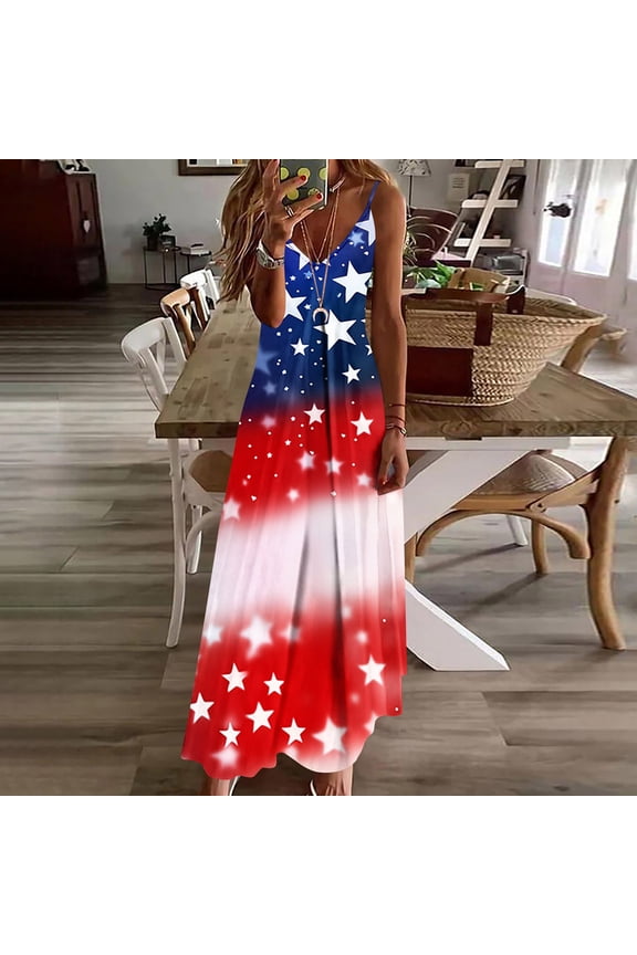 Womens Dresses Summer Dress July 4th Patriotic Print Round Neck Loose Holiday Sundresses for Women Multicolor S