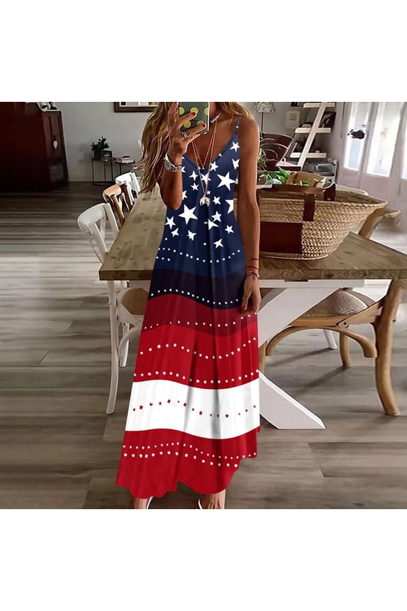 Womens Dresses Sundresses for 2026 Independence Day Red White Blue Round Neck Printed Loose Dress Multicolor S