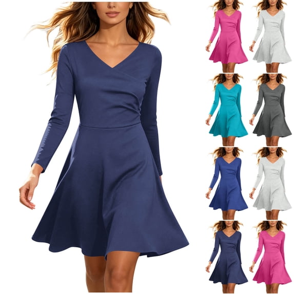 ChaoHeng Womens Dresses Summer Solid V Neck Long Sleeve A Line Faux Wrap Flare Knee Length Casual for Navy S