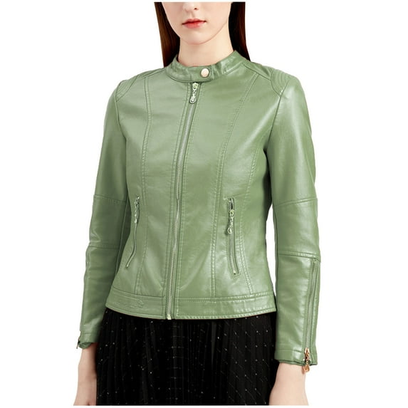 ChaoHeng Womens Jackets and Coats Solid Color Pocket Zipper Tops Clearance Fashionable,Women Fashion Zipper Leather Tops with Pocket Short Coat Jacket(Green,XXL)