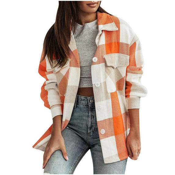 ChaoHeng Womens Jackets Lightweight for Winter Plus Size,Women's Winter Colorful Plaid Shirt Brushed Fleece Loose Casual Windproof Plaid Coat(Orange,XL)